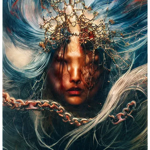 Prompt: uhd photorealistic chained justice, by ayami kojima, yoshitaka amano, esao andrews, karol bak, mark brooks, tonalism, rich deep colors. beksinski painting, art by adrian ghenie and gerhard richter. art by takato yamamoto. masterpiece