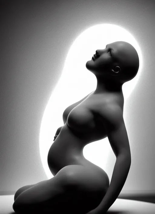 Image similar to black and white 3 d render of a young beautiful delicate ai giving birth to the new world in a bubble, inspired by michelangelo, spiritual, halo, glory, rim light, cinematic, studio dramatic light, poetic, surreal mythical dreamy dark artistic masterpiece, octane render, 8 k, photo