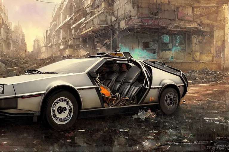 Image similar to photograph of the delorean driving down the streets of a cyberpunk abandoned city, by greg rutkowski, by stanley artgerm, by alphonse mucha