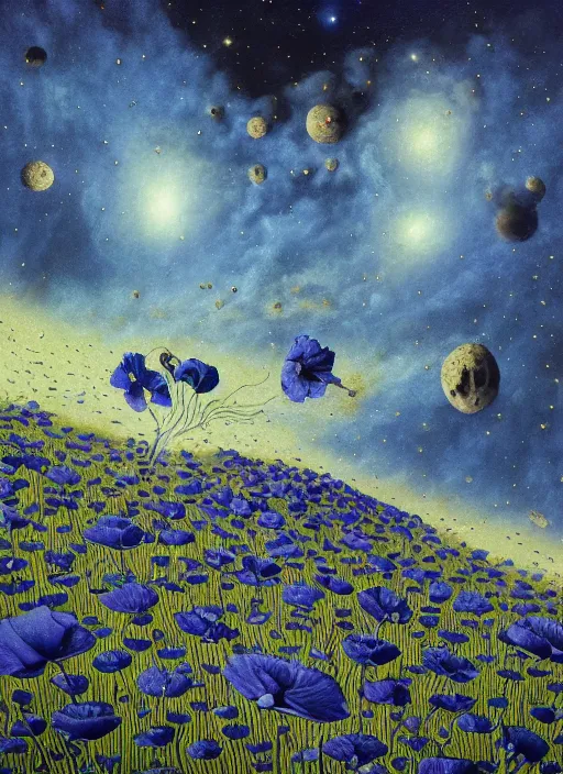 Image similar to detailed, intricate blue black and purple papaverum flower on the field, nebula, galaxy in the sky, winning award masterpiece, fantastically beautiful, illustration, aestheticly inspired, jacek yerka, upscale with anguissola sofonisba work, artstation, 8 k