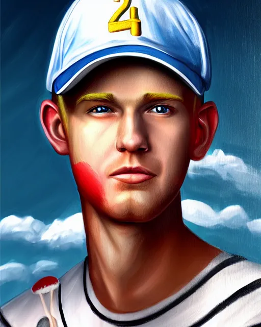 Prompt: colorful painting of a blond man with a baseball cap with propeller, matte painting, trending on art station, ultra - detailed, hq