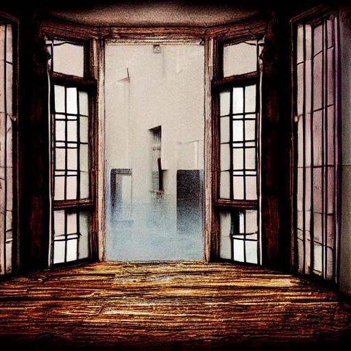 Image similar to photography, digital art, monster, window, wood floor