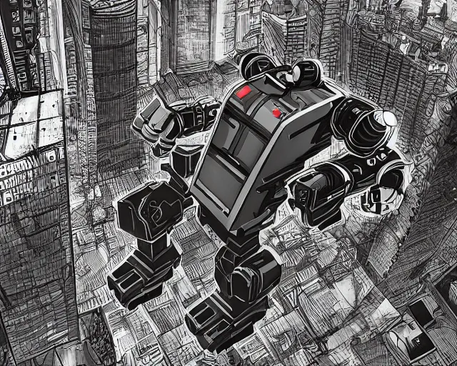 Image similar to A large imposing robot with a paintbrush destroying a city, looking down at the people below, low angle, digital art