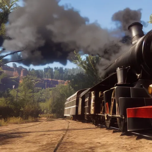 Image similar to futuristic sleek steam locomotive in red dead redemption 2