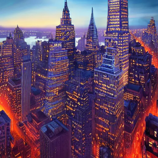 Image similar to manhattan at dusk, dim volumetric lighting, hype realistic, hdr, postprocessing, hyperdetailed, intricate, epic composition, cinematic lighting, masterpiece, trending on artstation, extraordinary artwork by nathan walsh