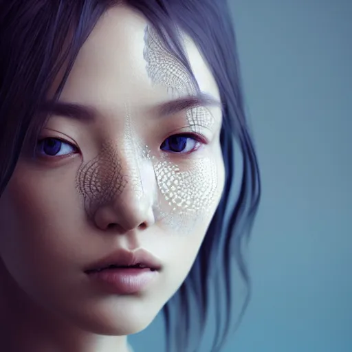 Image similar to intricate highly detailed face portrait of asian - european woman, light blue water vines on her face, intricate, cgsociety, unreal engine, octane render, sharp focus, smooth, volumetric lighting, cinematic composition, artstation