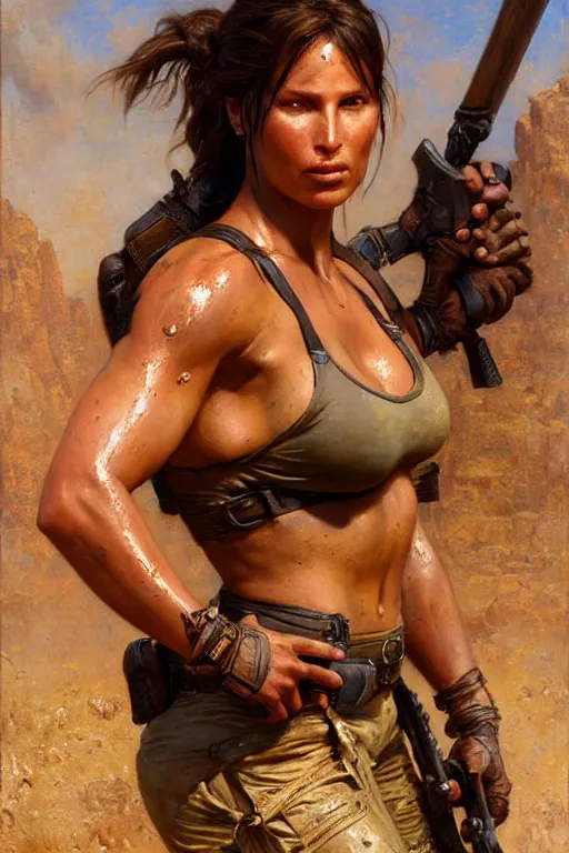 Prompt: muscular sweat lara croft, covers with mud, exhausted, face close up, highly detailed painting by gaston bussiere, craig mullins, j. c. leyendecker 8 k