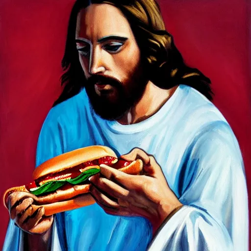 Prompt: Jesus eating a hotdog while reloading his revolver painting