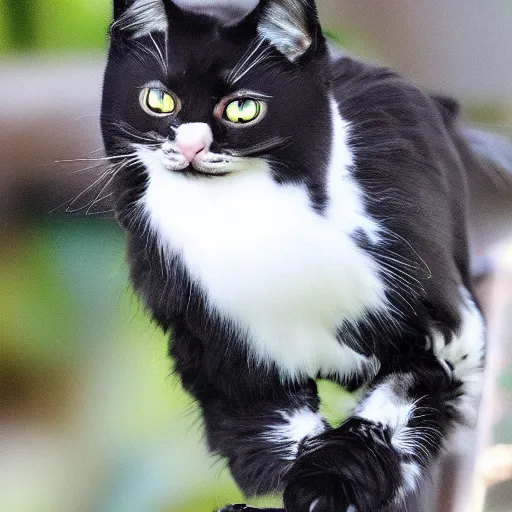 Image similar to cat bird hybrid, cute, fluffy, cat bird is white with black tabby stripes and blue eyes, cat bird has very strong legs, realistic, 4 k