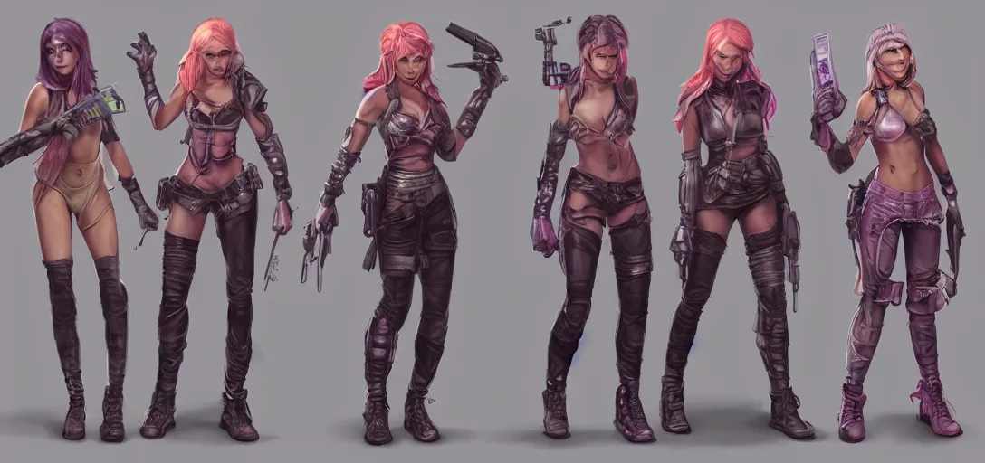 Prompt: character sheet concept art of female video game characters, renaissance, futurepunk, bright, parkour, rebel, realistic, hyper realistic, photographic, costume, by marc brunet and artgerm