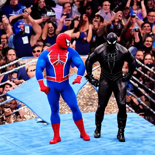 Image similar to dwayne johnson smackdown entrances wearing spiderman costumes, camera angle