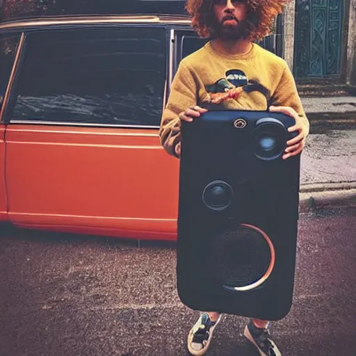 Image similar to aesthetic photo of a guy with curly hair and colored clothes holding a big black speaker in front of a raw of parked Fiat Uno 70s style hippie. Interlaced picture. Instagram post. Vintage.