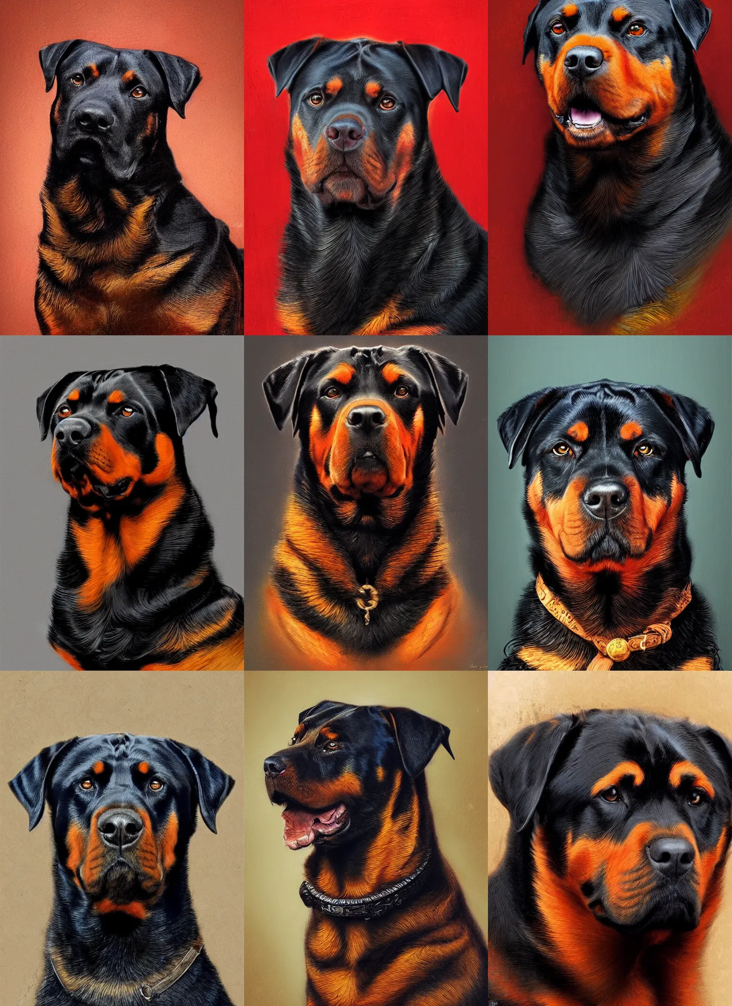 Prompt: portrait of noble rottweiler. digital art by eugene de blaas, ross tran, and nasreddine dinet, vibrant color scheme, intricately detailed, in the style of romanticism, cinematic, artstation, greg rutkowski