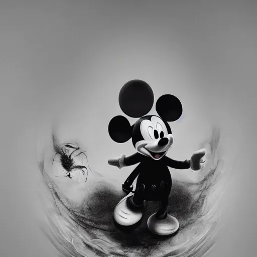 Prompt: Mickey mouse creepy, nightmare, dream-like heavy atmosphere, neoclassic, baroque painting, beautiful detailed intricate insanely detailed octane render trending on Artstation, 8K artistic photography, photorealistic, volumetric cinematic light, chiaroscuro, Raphael, Caravaggio, Beksinski, Giger, Rembrandt