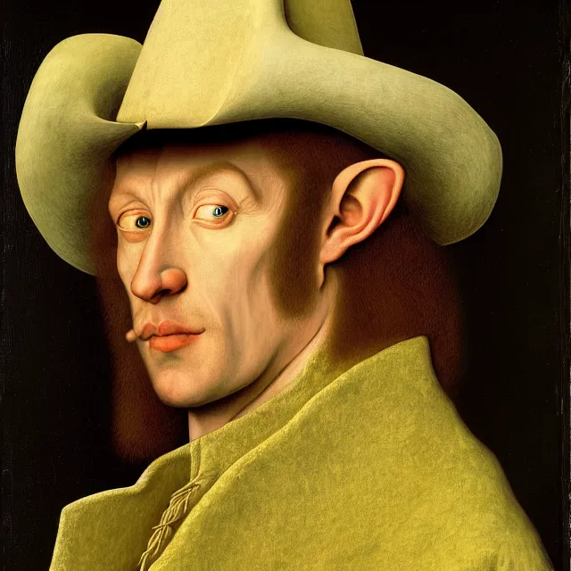 Image similar to 3/4 bust portrait of a shifty high fantasy elf sheriff with pointy ears wearing a cowboy hat by Jan van Eyck, 8k scan