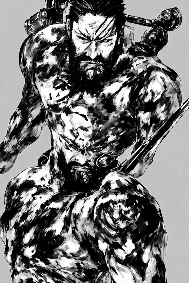 Prompt: a full - body portrait of guan yu, in yoji shinkawa's art style, metal gear solid art style, chinese caligraphy, highly detailed, 4 k, artistic, white background, b & w