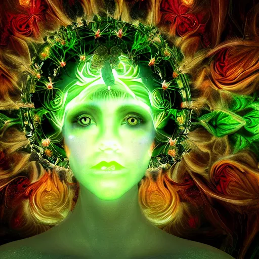 Prompt: flower goddess, concept character, beautiful, stunning, green mist, radiating power, energy, god rays, luminescence, fractal, unreal engine, 8 k