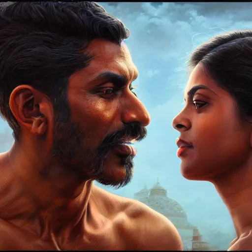 Image similar to portrait painting of dark muscular indian couple kissing, ultra realistic, concept art, intricate details, eerie, highly detailed, photorealistic, octane render, 8 k, unreal engine. art by artgerm and greg rutkowski and alphonse mucha