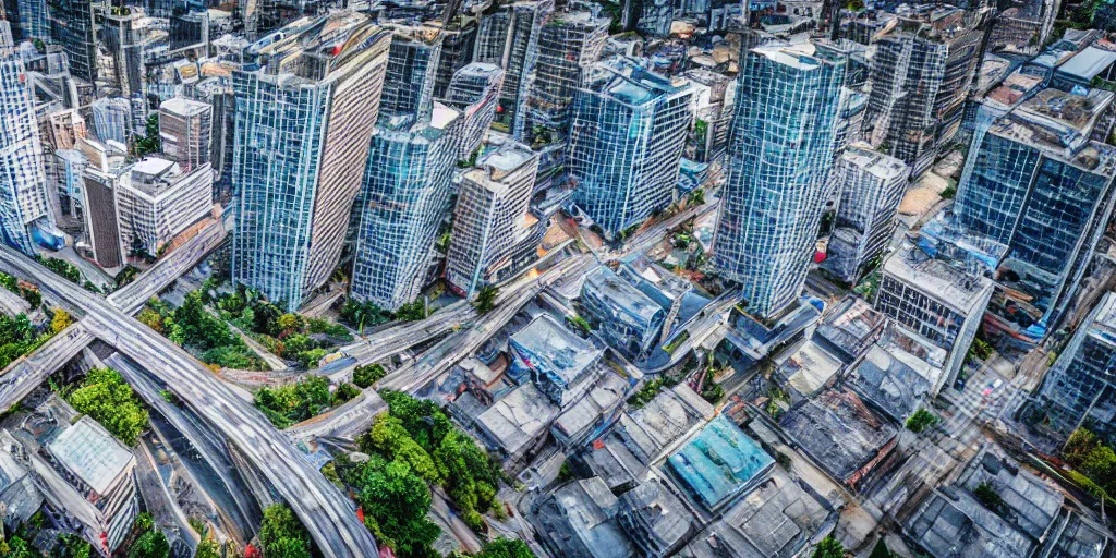 Image similar to drone view of a city with a large road through, Brutalist architecture,sharp focus,telephoto lens,digital art by John J. Park 4k