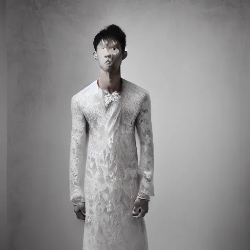 Image similar to a beautiful young korean male wearing a translucid lace wedding gown designed by alexander mcqueen, photographed by andrew thomas huang for a fashion editorial