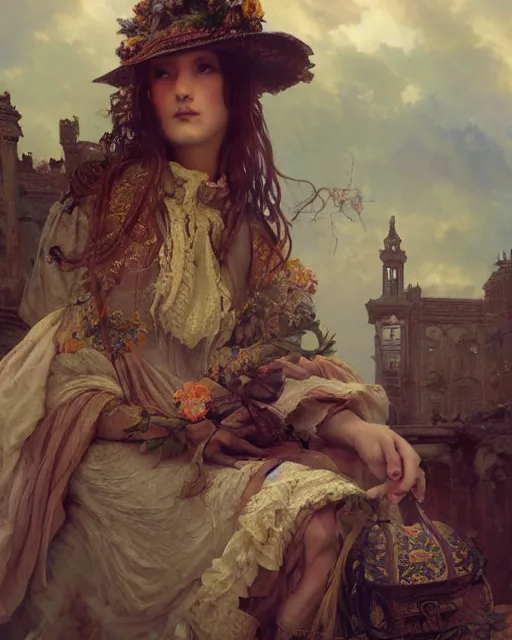 Image similar to a stunning intricate exquisite imaginative exciting western commoner close up portrait of an curious woman sitting with homely looks, tattered work clothes, ornate magical intricate and soft by ruan jia, tom bagshaw, alphonse mucha, krenz cushart, beautiful palace ruins in the background, epic sky, vray render, artstation, deviantart, pinterest, 5 0 0 px models