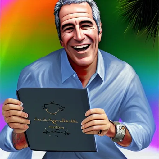 Image similar to Jeffery Epstein laughing with black book, in private jet background, colorful 16k hyper realistic digital art