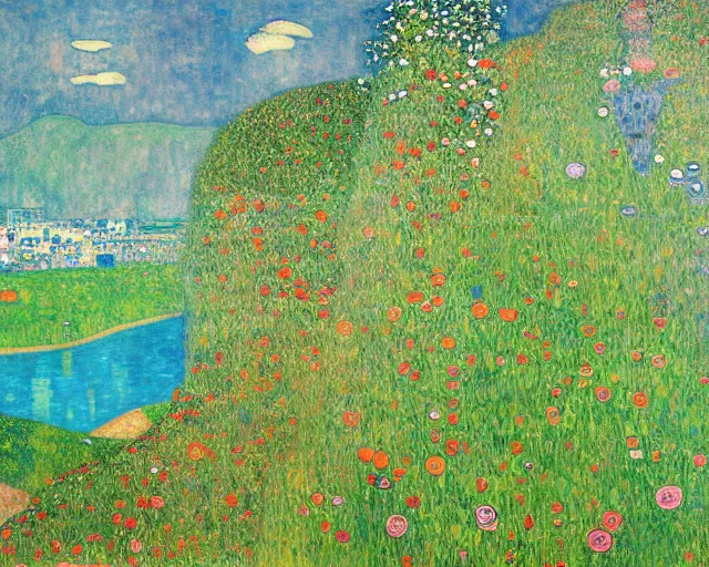 Image similar to painting of sprawling mountains, flower-covered, flowing river, landscape, Beautiful by Gustav Klimt