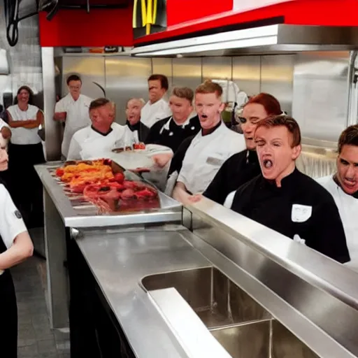 Prompt: gordon ramsay yelling at mcdonald's employees in the mcdonald's kitchen on kitchen nightmares. the employees are lined up and in their mcdonald's uniforms. 4 k broadcast