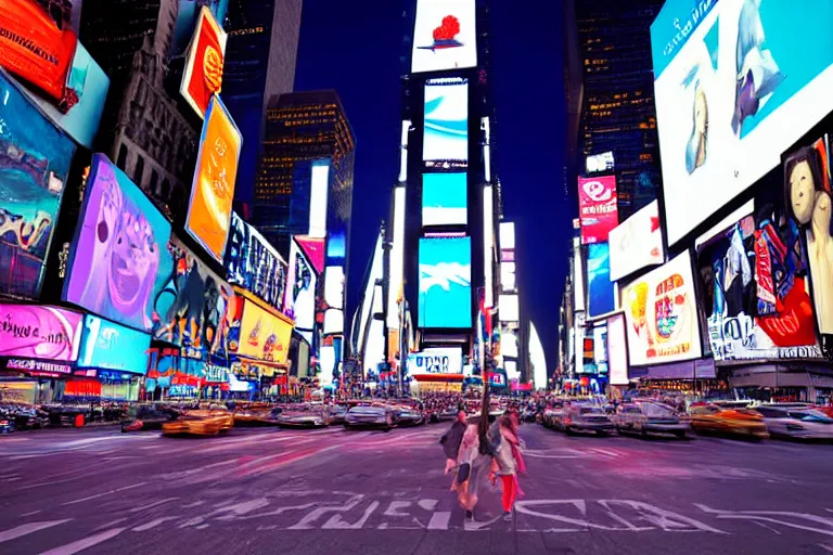 Image similar to a detailed photograph depicting times square at night. a giant digital billboard shows a heroic portrait of a proud blonde woman in her 6 0's. sci fi, neon lighting, futuristic.