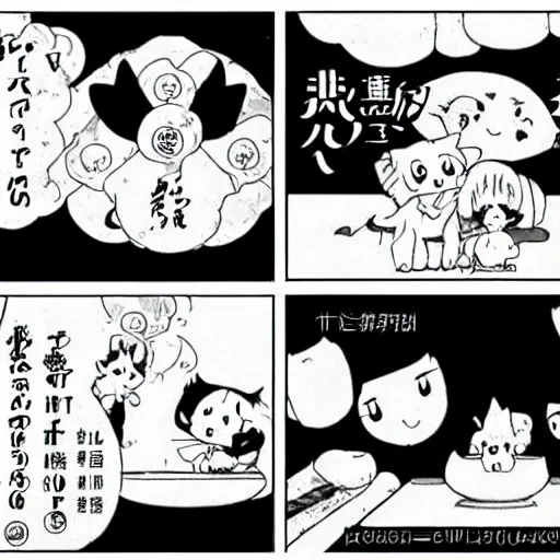 Prompt: a four panel black and white manga by Naoko Takeuchi and Hayao Miyazaki of a cat eating rice, cat eating rice 4koma manga