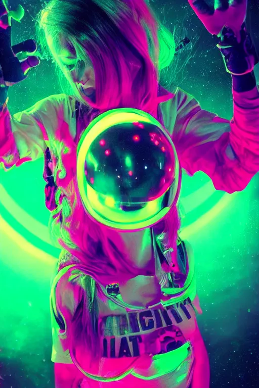 Image similar to astronaut rave girl, glowsticks, LSD, dramatic lighting, cinematic, establishing shot, extremely high detail, foto realistic, cinematic lighting, post processed, concept art, high details, cinematic, 8k resolution, beautiful detailed, photorealistic, digital painting, artstation, concept art, smooth, sharp focus, artstation trending, octane render, unreal engine