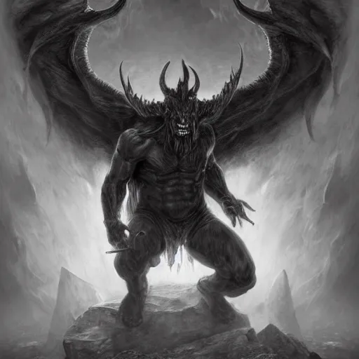 Prompt: full body, grayscale, 3/4 view, muscled humanoid balrog demon, diablo, horns, claws, large horned tail, heroic pose, flames, fire, tarot, lineart, Gustave Dore, Greg Rutkowski