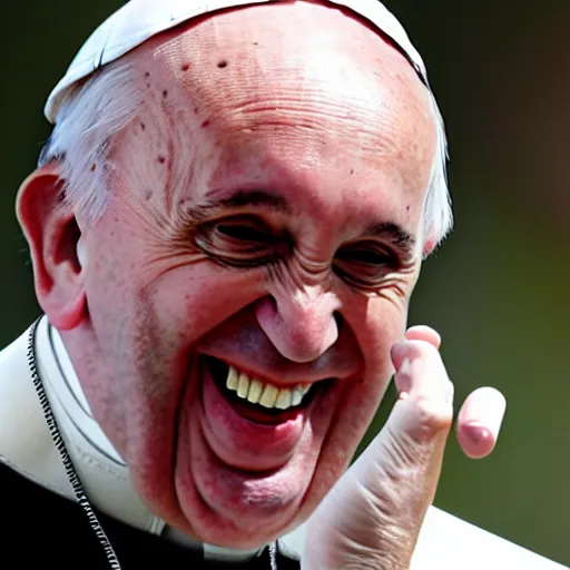 Prompt: pope Francis laughing hysterically as he writes your name In the death note