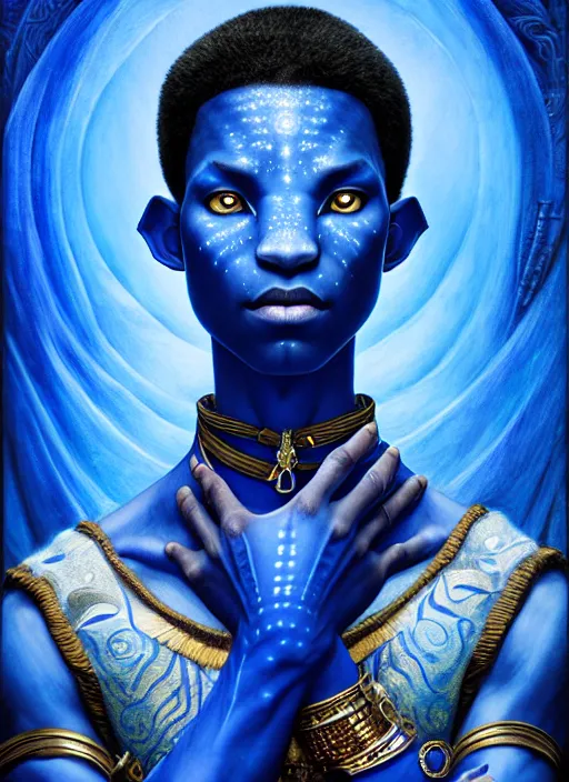 Prompt: : blue avatar, fantasy magic,, intricate, sharp focus, illustration, highly detailed, digital painting, concept art, jahbu art and paul lewin and kehinde wiley, james cameron masterpiece