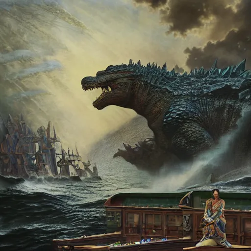 Prompt: Epic Masterpiece action of Godzilla climbing up the side of a large wooden ship drawn by Donato Giancola and Tom Bagshaw, Edmund Leighton, Alphonse Mucha, background by James Jean and Gustav Klimt, 4k, porcelain skin, volumetric lighting, komorebi, french nouveau, trending on artstation, octane render, hyperrealistic