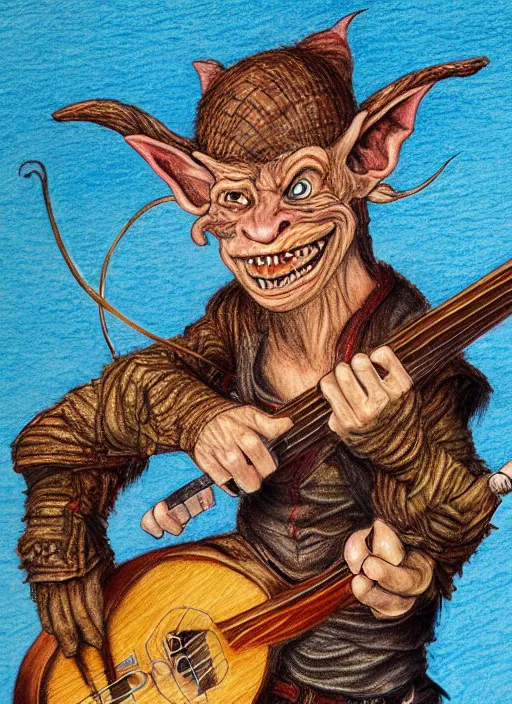 Prompt: detailed coloured pencil portrait of a goblin bard holding a lute, d & d, highly detailed, concept art, dramatic lighting