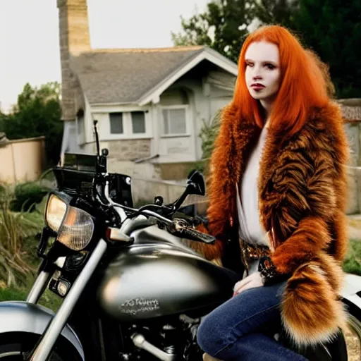 Image similar to a high - fashion photo of a slender beautiful woman with straight ginger hair and bangs, wearing purple leathers and gold helmet, posing with large ginger tabby and raccoon on a motorcycle in front yard, holding toasted brioche bun, dramatic lighting, 8 5 mm lens