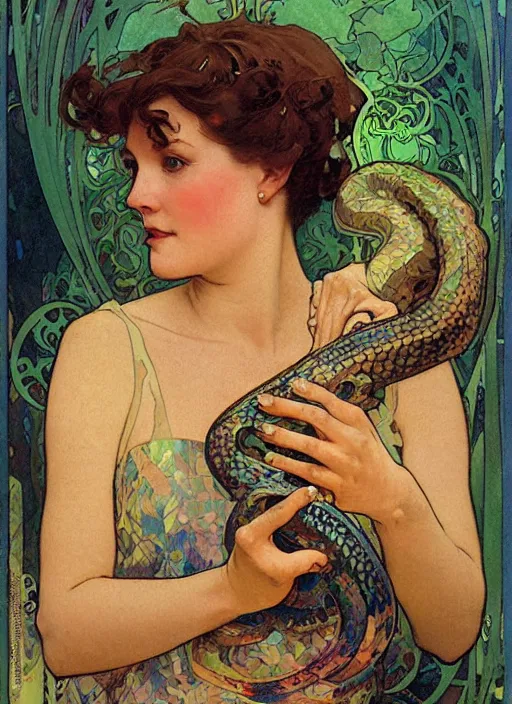 Image similar to an art nouveau copic maker holographic portrait of a woman holding a snake by john berkey by stanley artgerm lau, alphonse mucha, loish, norman rockwell