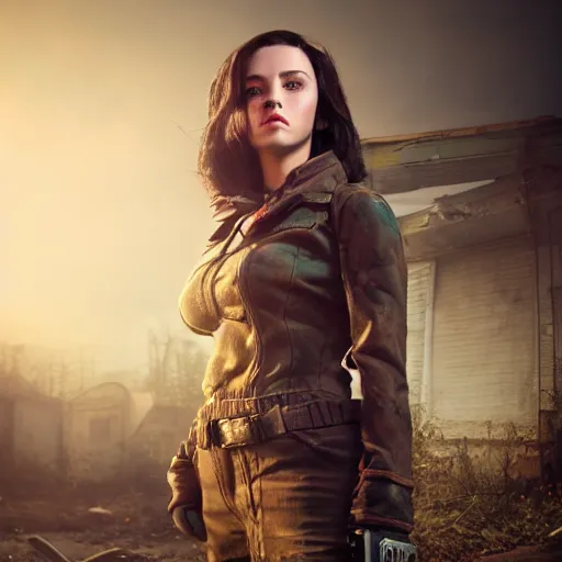 Image similar to fallout 5, charismatic beautiful rugged brunette female protagonist, portrait, outdoors in front of the entrance to vault 1 5 6, atmospheric lighting, painted, intricate, volumetric lighting, beautiful, daytime, sunny weather, slight overcast, sharp focus, deep colours, ultra detailed, by leesha hannigan, ross tran, thierry doizon, kai carpenter, ignacio fernandez rios