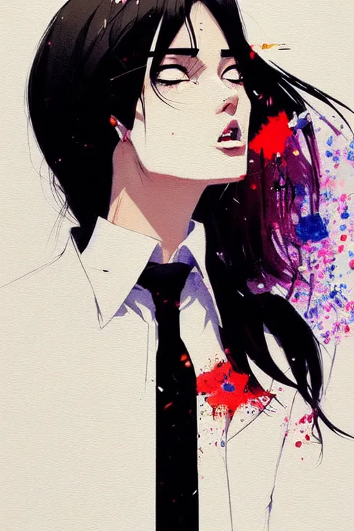 Image similar to a ultradetailed beautiful panting of a stylish woman wearing a shirt with a tie, she has black hair, by conrad roset, greg rutkowski and makoto shinkai, trending on artstation