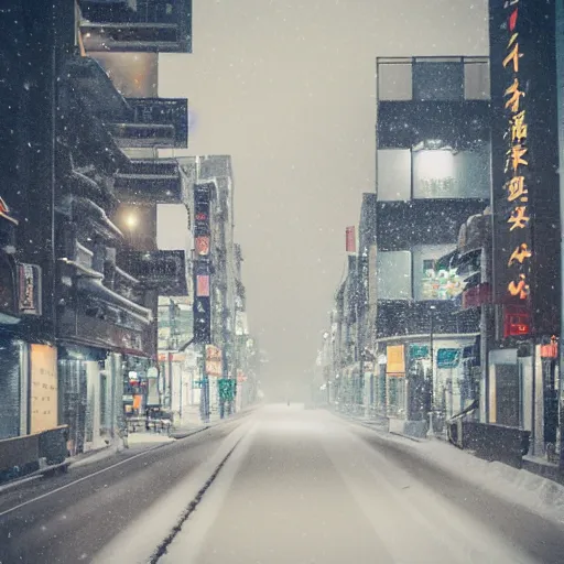 Prompt: atmospheric polaroid photo of a snowy tokyo street at night