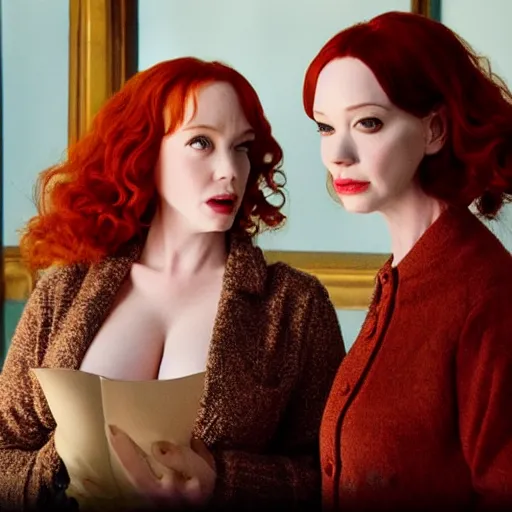 Image similar to a very surprised beautiful Christina Hendricks and her twin sister in the living room, film still from the movie directed by Denis Villeneuve with art direction by Salvador Dalí, wide lens