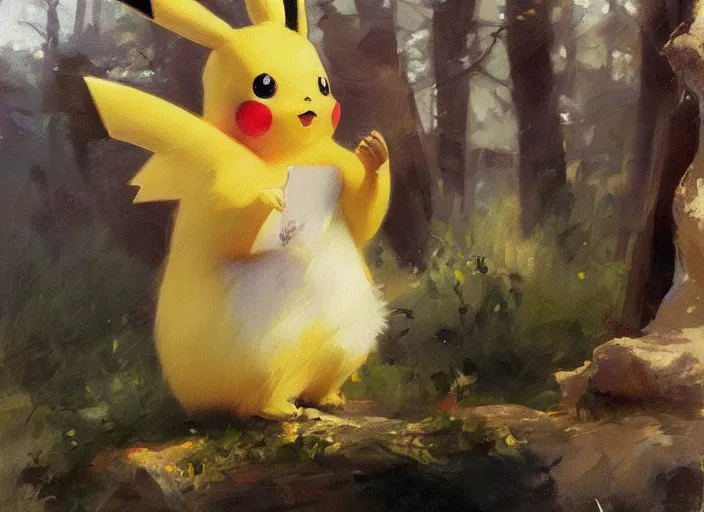 Image similar to oil painting of beautiful pikachu contemplating, art by anders zorn, wonderful masterpiece by greg rutkowski, beautiful cinematic light, american romanticism by greg manchess, creation by tyler edlin