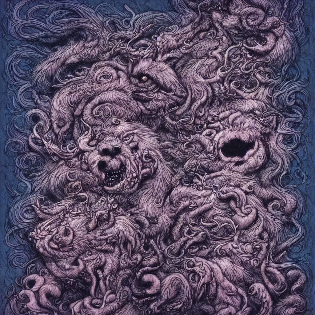 Image similar to monster of fur and black oil by james jean, photoillustration, mystical baroque, pastel synthwave