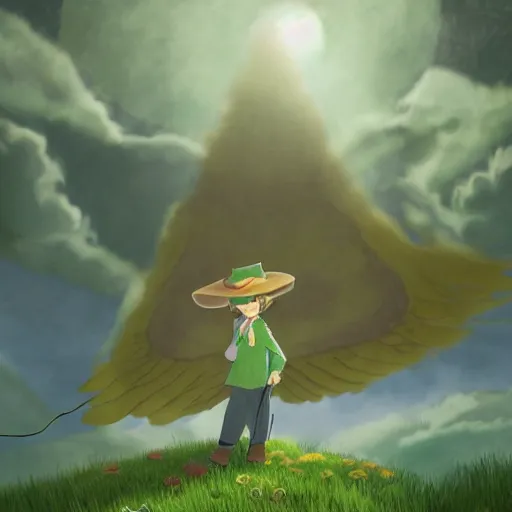 Image similar to epic illustration of snufkin with angel wings in style of elden rings, wide angle, cinematic light