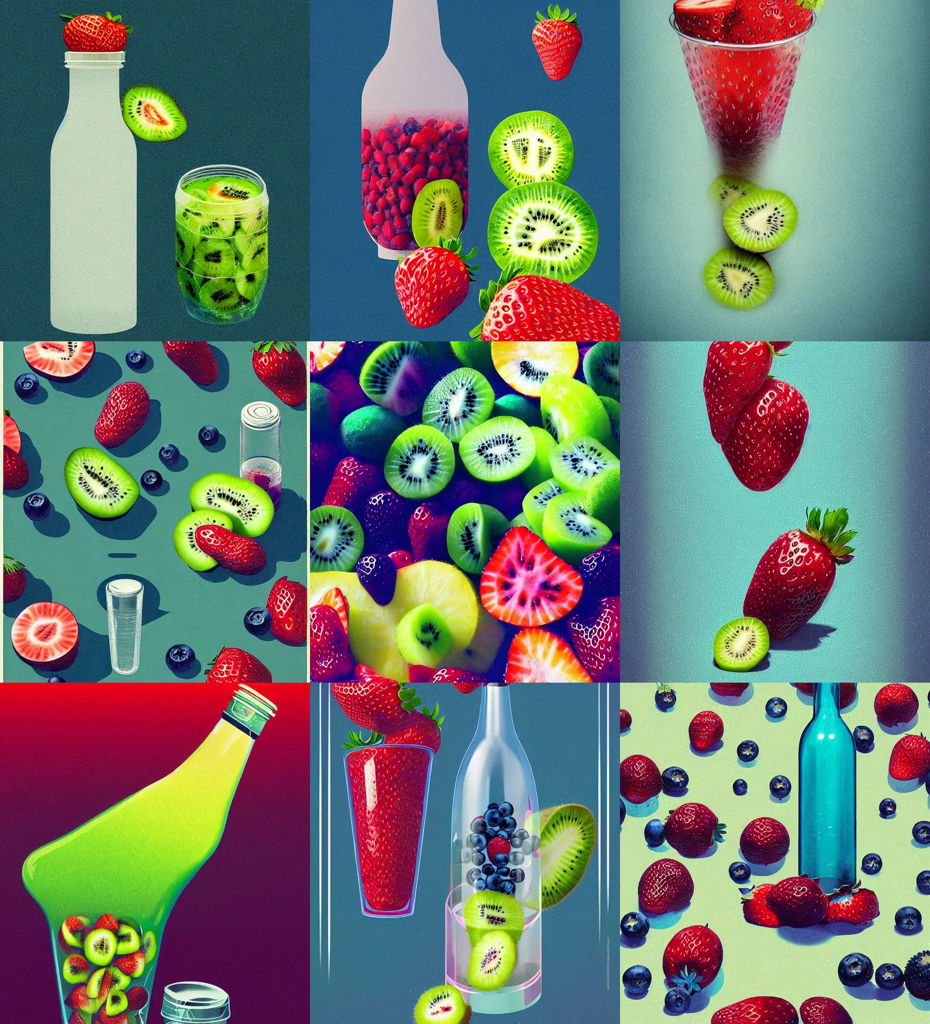 Prompt: ( ( dither ) ), editorial illustration strawberries blueberries sliced kiwi sliced lemon inside a clear drinking bottle portrait, volumetric, modern art deco, ( ( mads berg ) ), christopher balaskas, victo ngai, rich grainy texture, detailed, dynamic composition, wide angle, matte print, art nouveau, ( ( dieter rams ) )