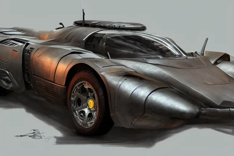 Prompt: a single armored scifi ferrari in the style of bladerunner and alternate car one, car concept, car Design, sid mead, alex ross, intricate Details, concept art, matte painting, highly detailed, rule of thirds, dynamic lighting, cinematic, detailed, denoised, centerd, clean render