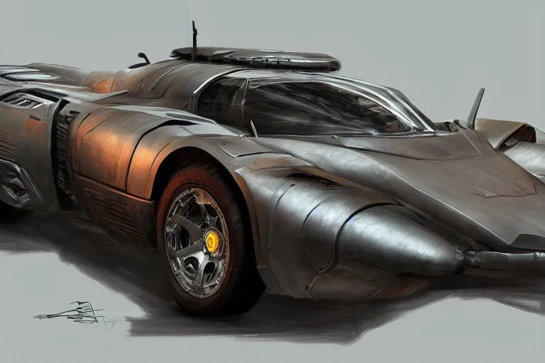 Image similar to a single armored scifi ferrari in the style of bladerunner and alternate car one, car concept, car Design, sid mead, alex ross, intricate Details, concept art, matte painting, highly detailed, rule of thirds, dynamic lighting, cinematic, detailed, denoised, centerd, clean render