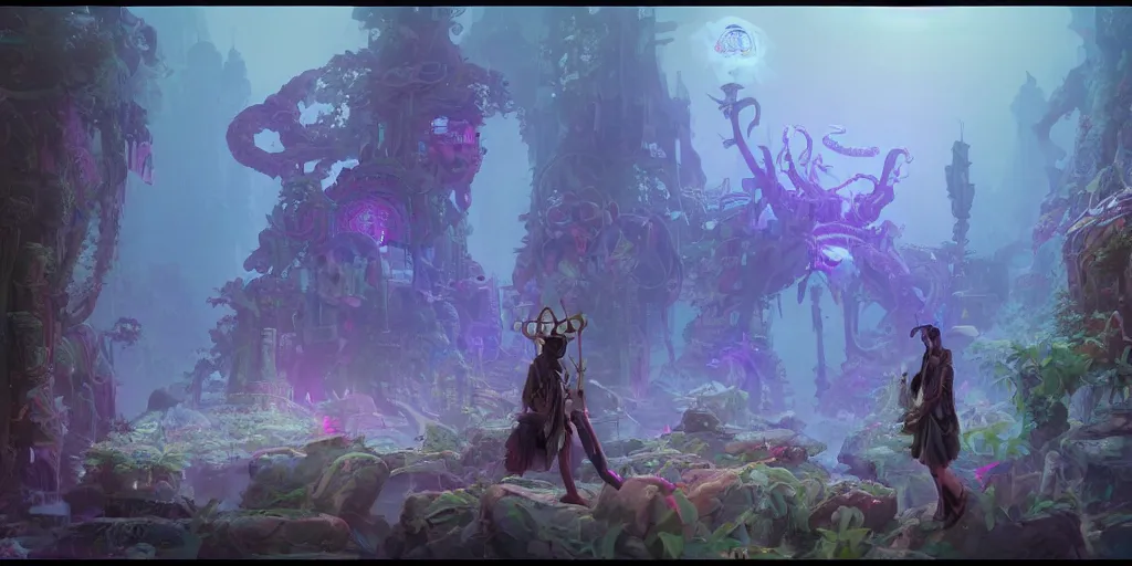 Image similar to 3 d scene of temple portal modelling goddess close - woodsman wearing a steampunk and neonpunk mechanical fluorescent mystical animal mask in strange misty mountain landscape. betta fish, jellyfish phoenix, bio luminescent, plasma, ice, water, wind, creature, artwork by tooth wu and wlop and beeple and greg rutkowski