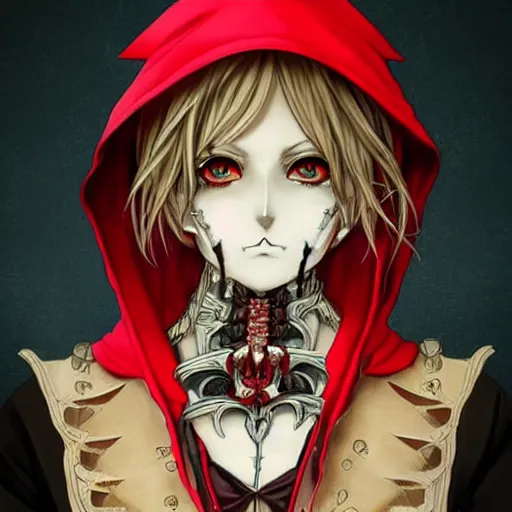 Image similar to anime manga skull portrait young woman skeleton, red riding hood, unreal engine, intricate, elegant, highly detailed, digital art, art by JC Leyendecker and William Turner 1860